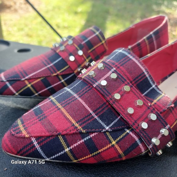 JustFab Red plaid Neve Loafers With Rivets for Trendy women 7 - Picture 2 of 6